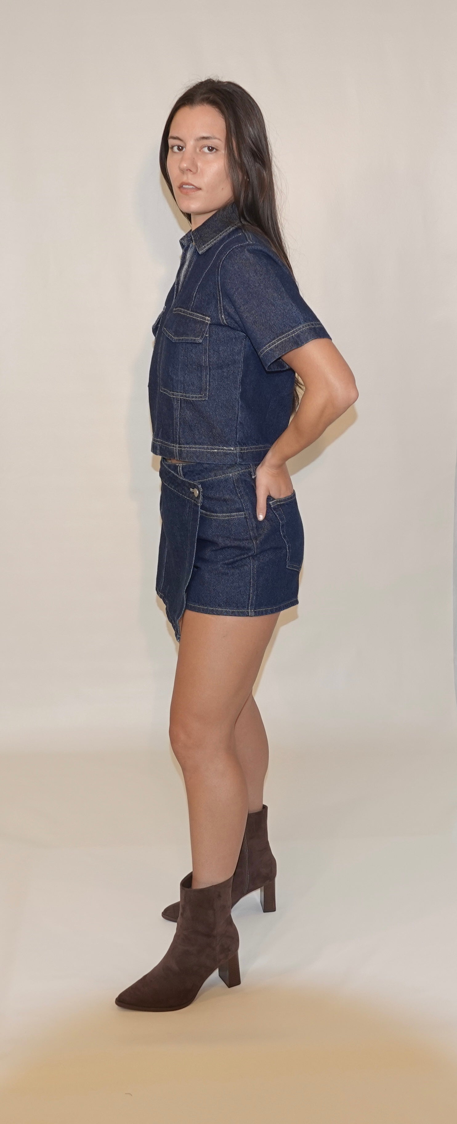 Split Collared Cropped Denim Top