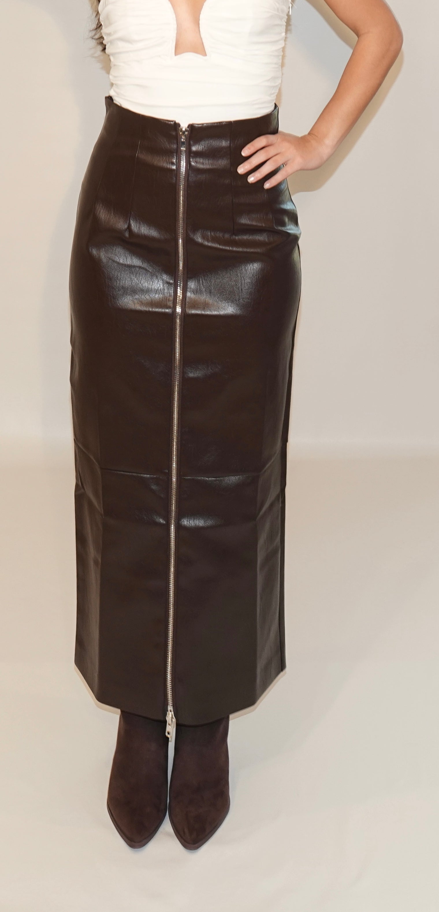 High Waist Full Length PU Zipper Skirt