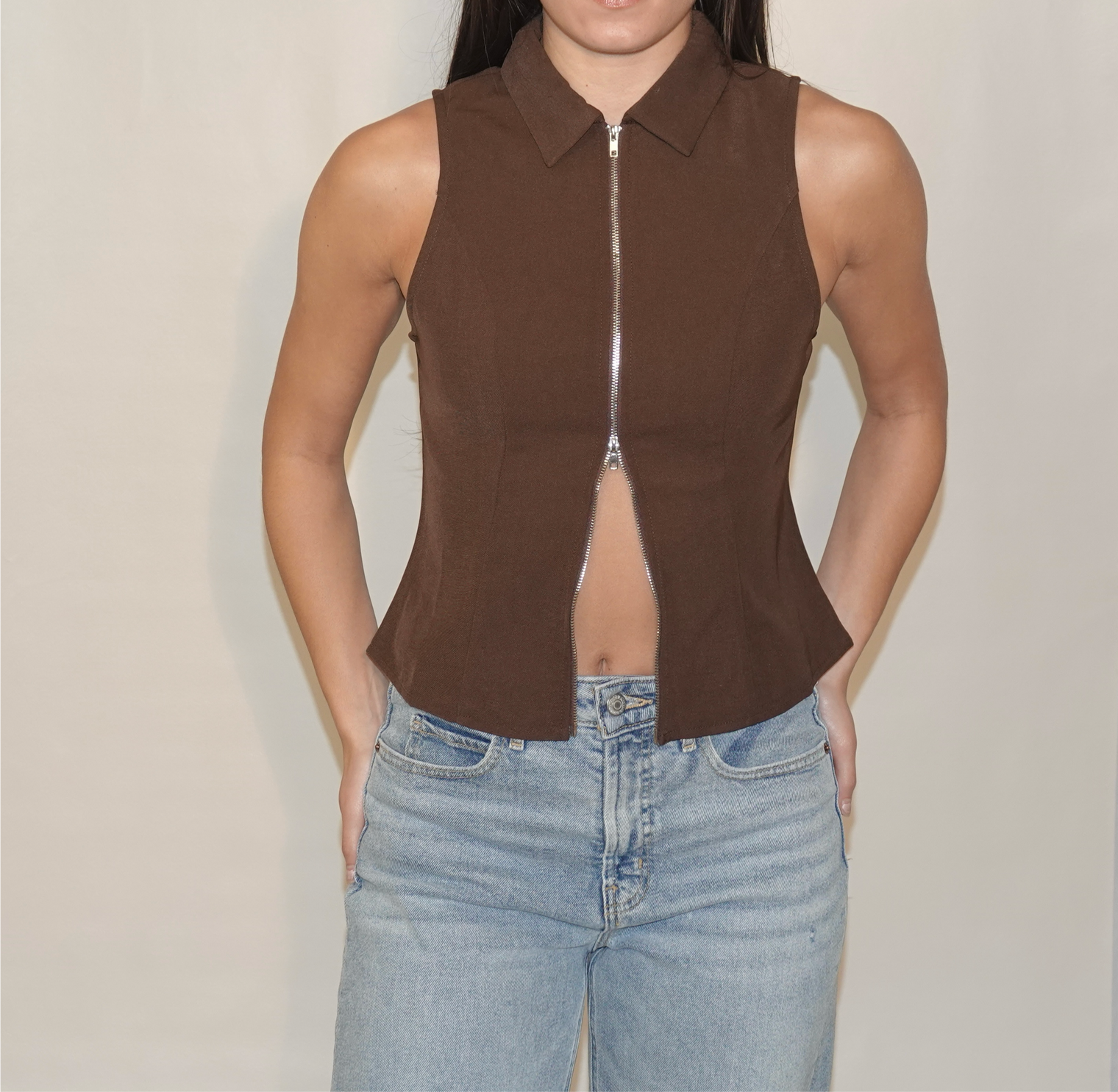 Zip Up Front Collard Vest Top