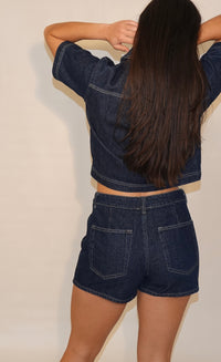 Split Collared Cropped Denim Top