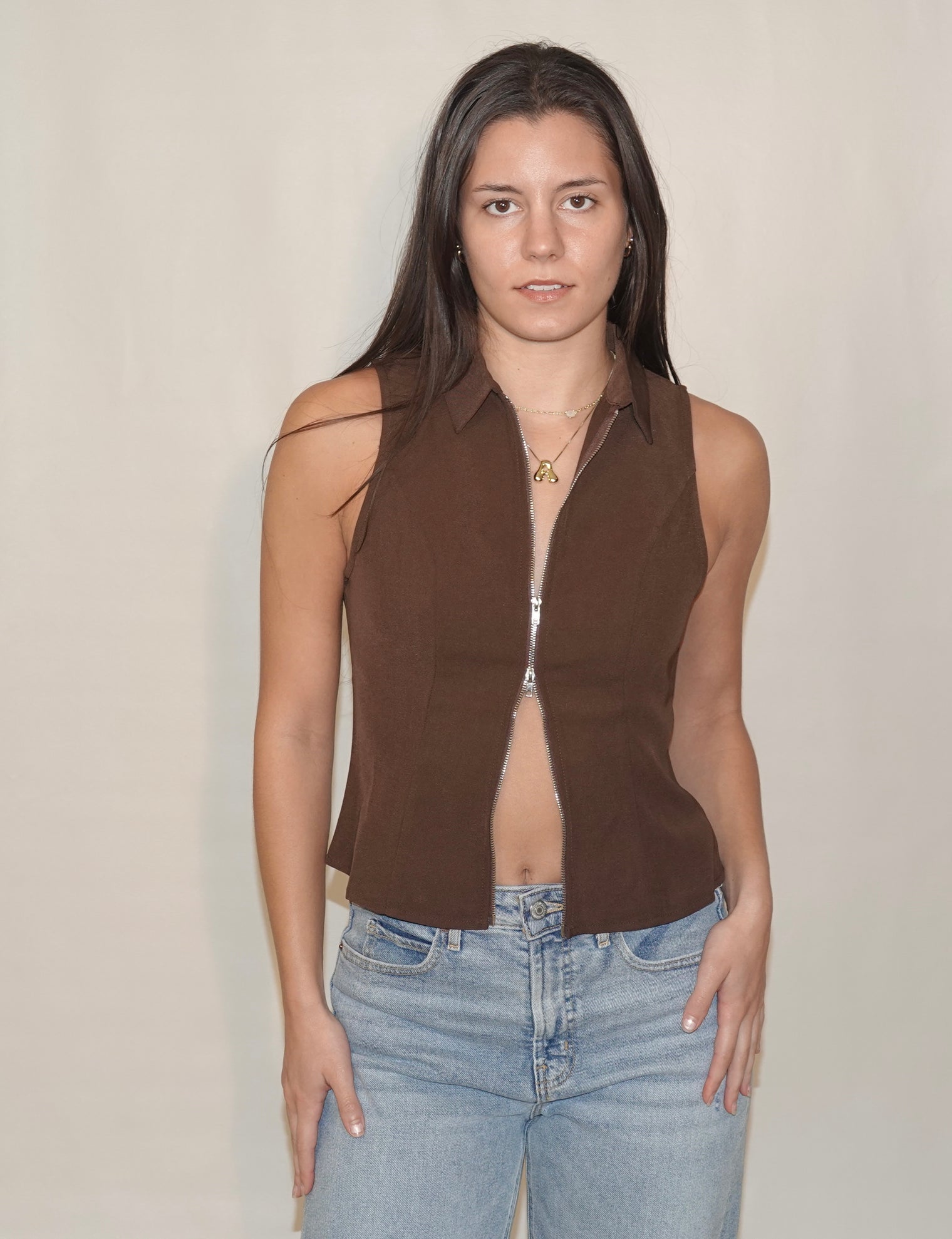 Zip Up Front Collard Vest Top